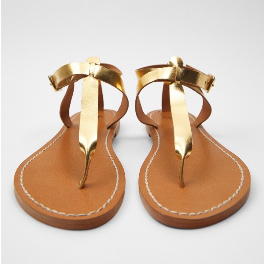 NEW! Zara Flat Laminated Gold Sandals Size 41